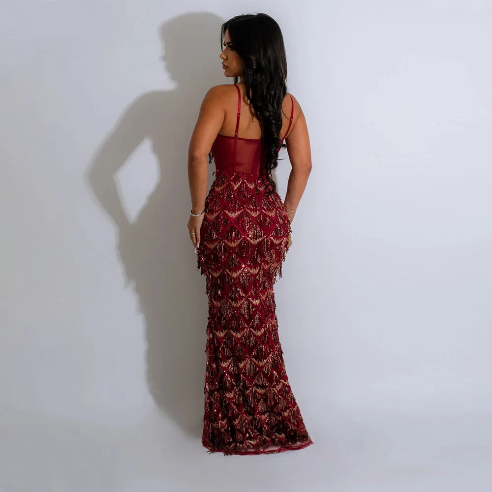 AIIZIE CAROL SEQUIN FRINGE MAXI DRESS IN RED - product image