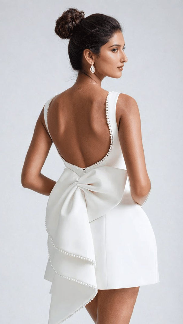 AIIZIE TRISTA BOWKNOT PEARL BACKLESS MINI DRESS IN WHITE - product image