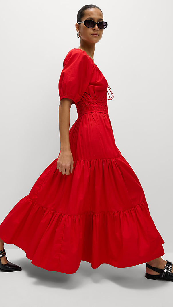 AIIZIE PURE COTTON TIE NECK MIDAXI WAISTED DRESS RED - product image