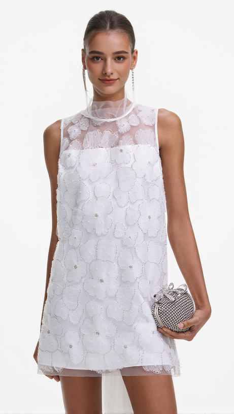 BEADED TULLE MINI DRESS