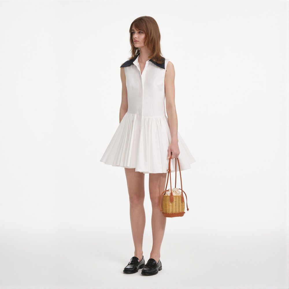 WHITE COTTON CONTRAST COLLAR MINI DRESS