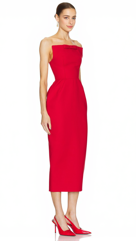 ABITO LUNGO SENZA SPALLINE CON FIOCCO AMANDA IN ROSSO