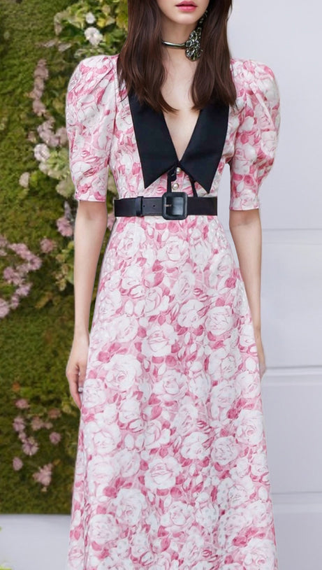 PINK FLORAL PRINT MIDI DRESS WITH CONTRAST COLLAR AND BELT