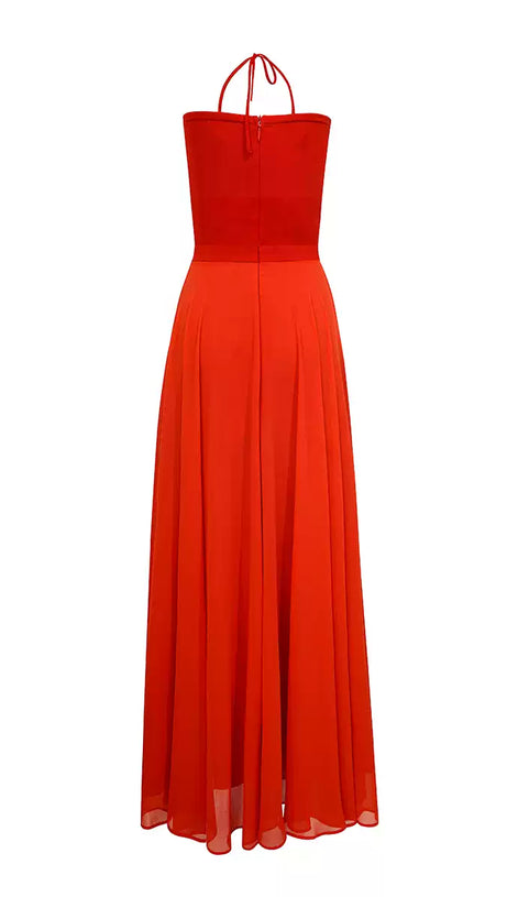 RED HALTER NECK CHIFFON MAXI DRESS