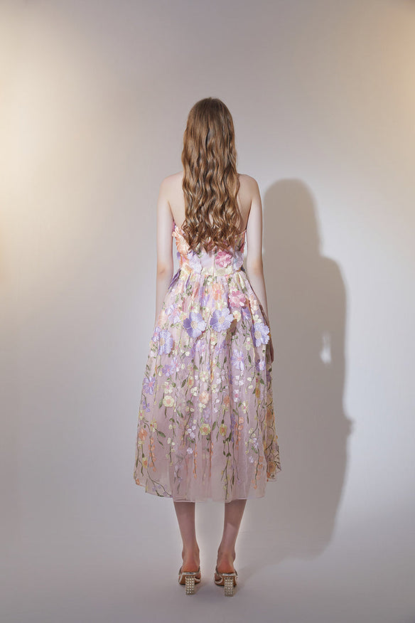 ANNA FLORAL EMBROIDERY MIDI DRESS IN PASTEL PINK