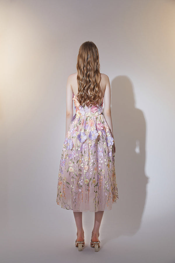 anna floral embroidery midi dress in pastel pink