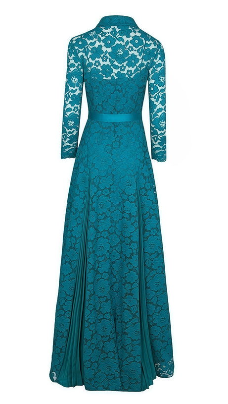 ABITO LUNGO IN PIZZO OTTANIO CON CINTURA E COLLETTO