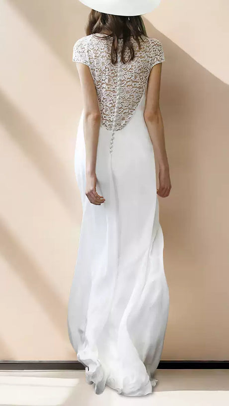 WHITE LACE V - NECK SHORT - SLEEVE MAXI DRESS