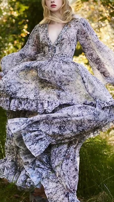 ELEGANT FLORAL V - NECK MAXI DRESS