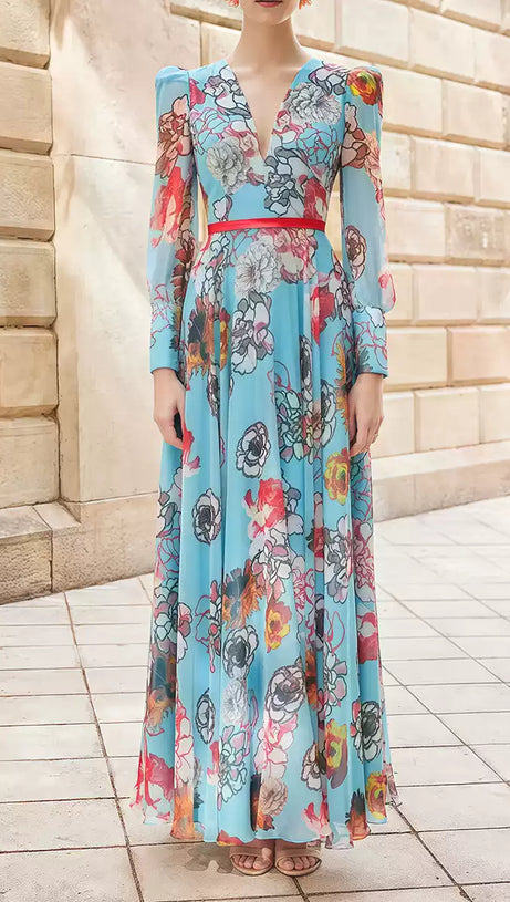 BLUE FLORAL PRINT V - NECK MAXI DRESS WITH RED BELT