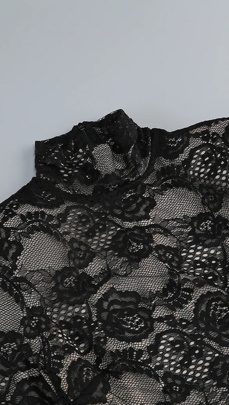 ZANNA BLACK HIGH NECK EMBROIDERED LACE BODYSUIT