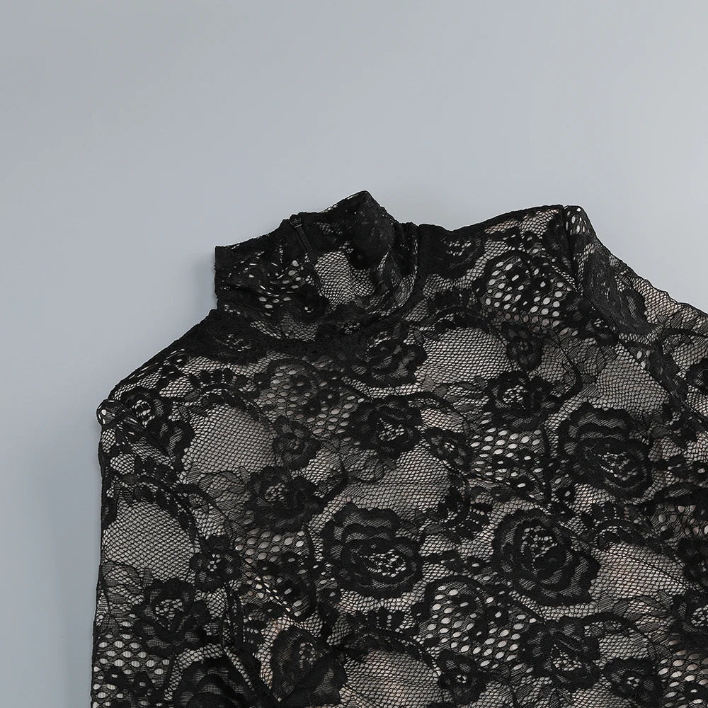 AIIZIE ZANNA BLACK HIGH NECK EMBROIDERED LACE BODYSUIT - product image