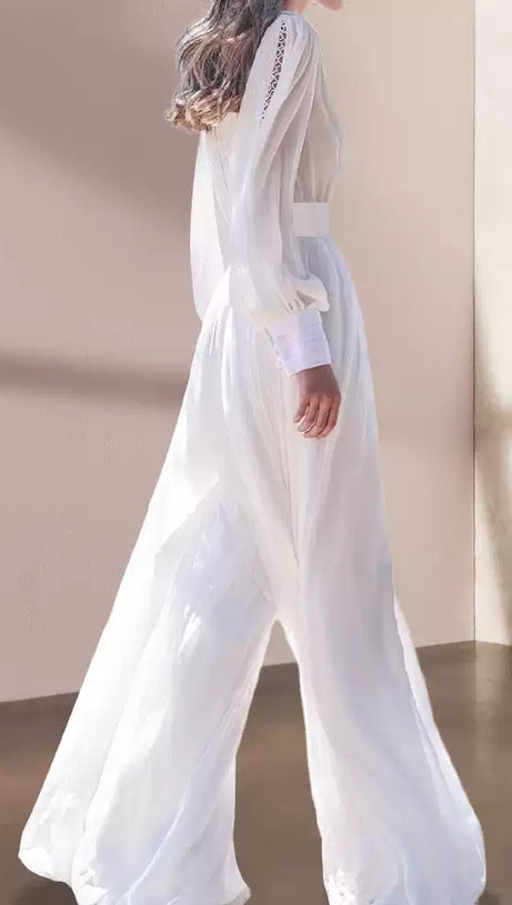 WHITE MAXI JUMPSUIT WITH LONG SHEER SLEEVES AND HIGH NECK
