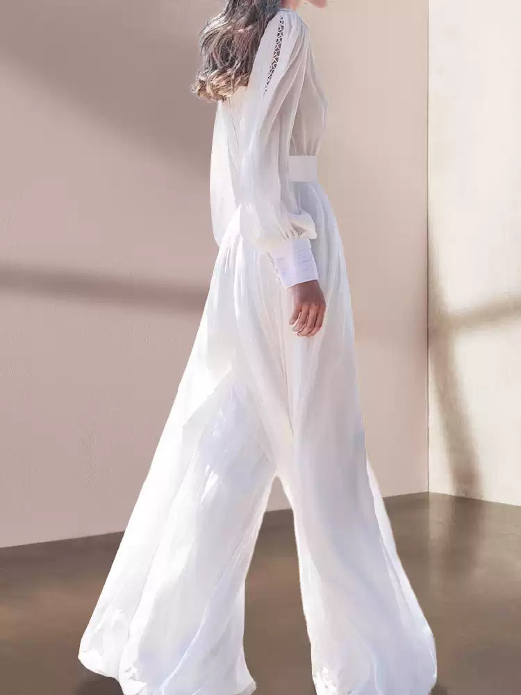 AIIZIE WHITE MAXI JUMPSUIT WITH LONG SHEER SLEEVES AND HIGH NECK - product image