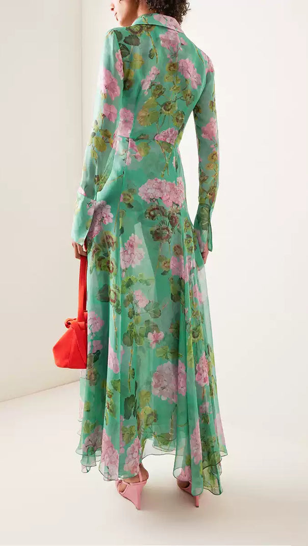 AIIZIE GREEN SHEER FLORAL MAXI DRESS WITH SHIRT COLLAR - product image