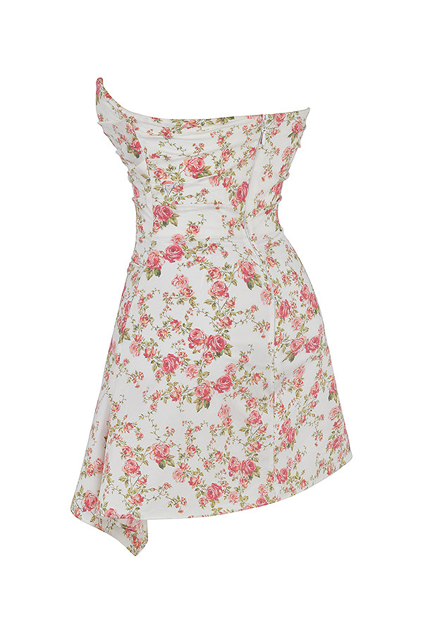 FLORAL PRINTS DRAPED STRAPLESS MINI DRESS