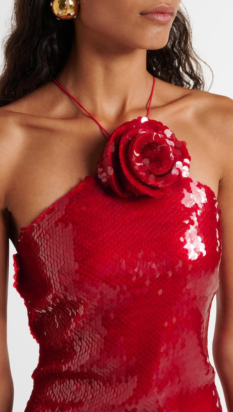 CINWA FLORAL APPLIQUÉ HALTER SEQUIN MINI DRESS IN RED