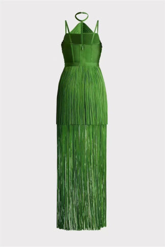 GREEN HALTER MAXI DRESS WITH FRINGE HEM EVENING DANCE DRESS