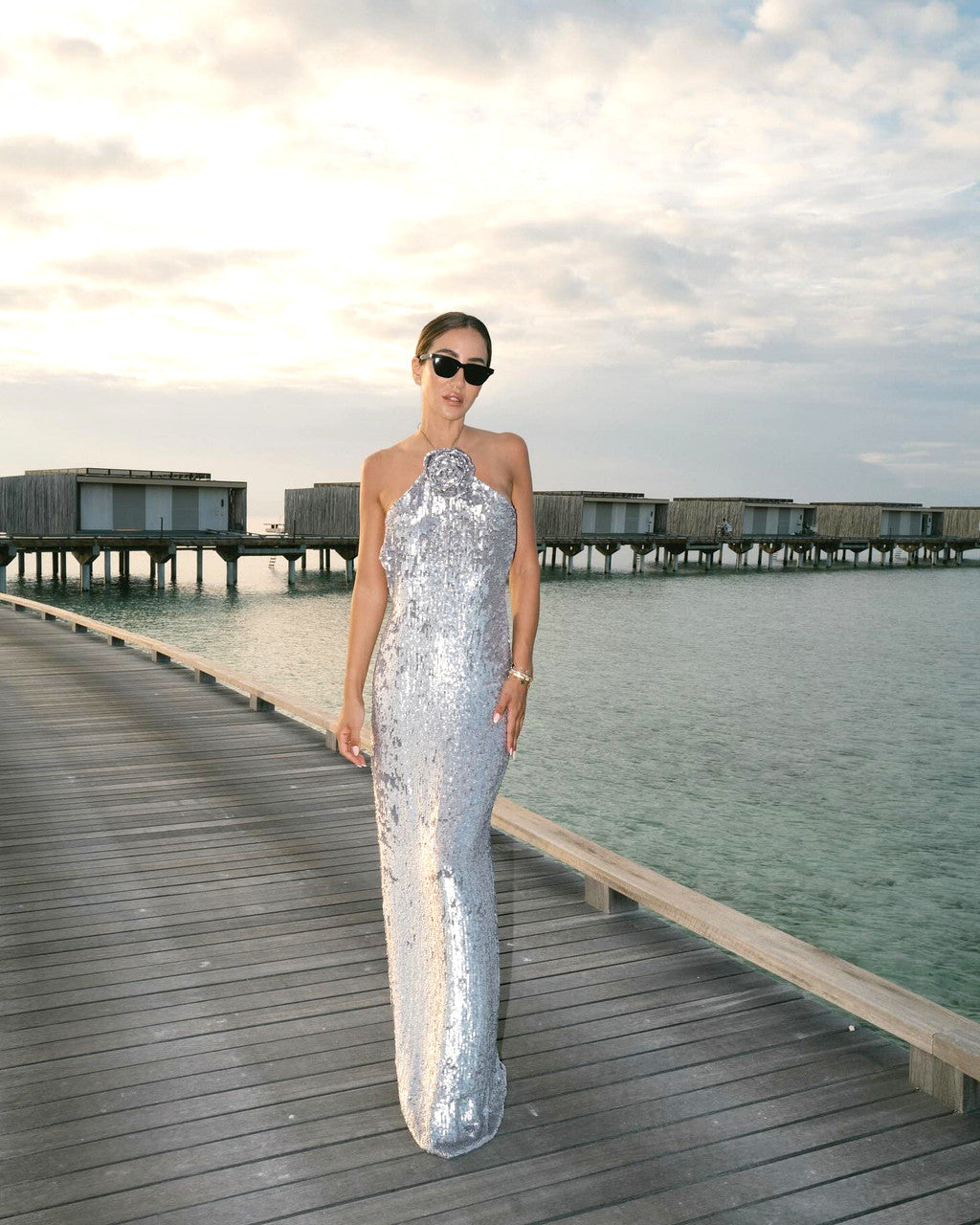 WINIFRED FLORAL-APPLIQUÉ SEQUIN MAXI DRESS SILVER