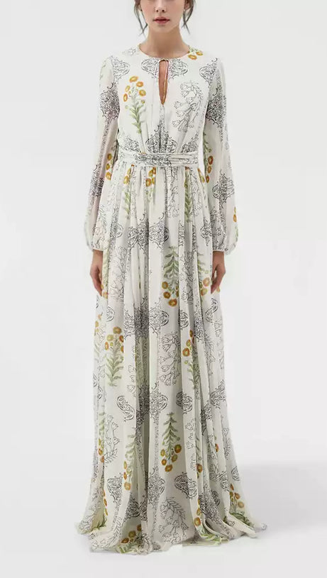 WHITE HIGH - WAIST SLIM FLORAL PRINTED LONG - SLEEVE MAXI FLARED DRESS