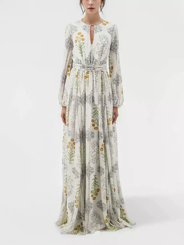 AIIZIE WHITE HIGH - WAIST SLIM FLORAL PRINTED LONG - SLEEVE MAXI FLARED DRESS - product image
