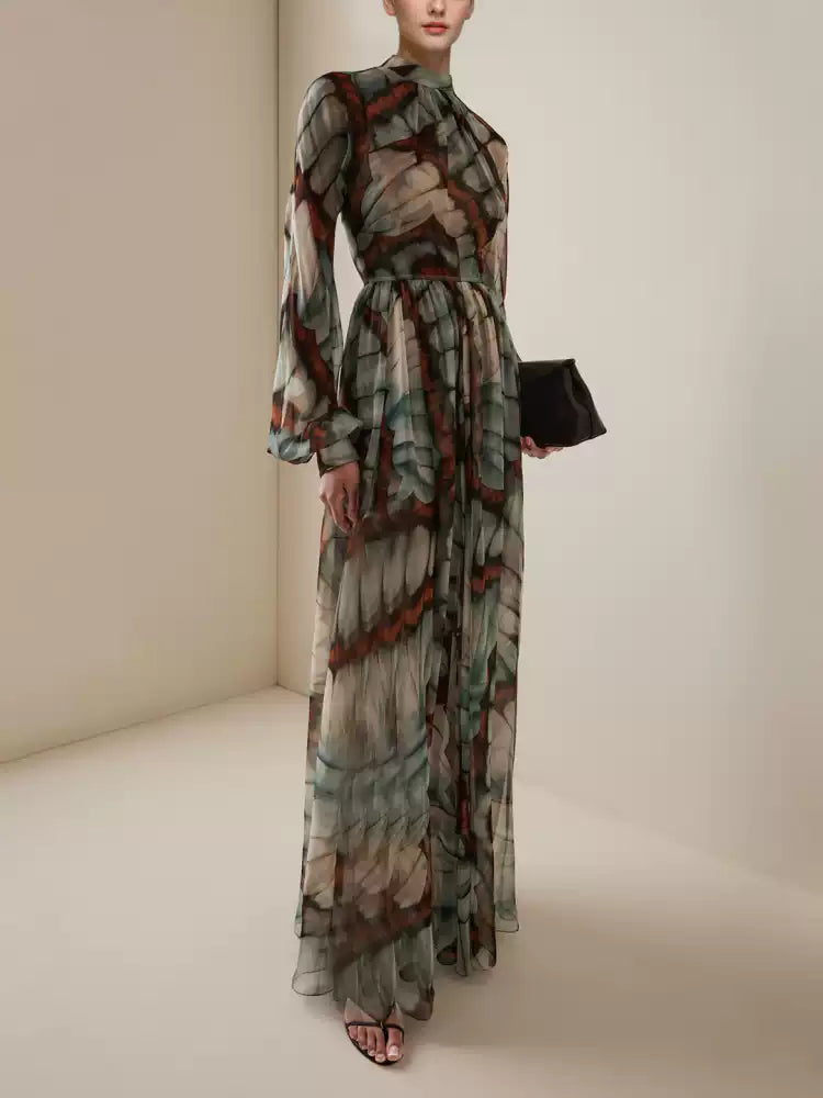 VINTAGE COURT STYLE WITH FLORAL PRINT CHIFFON MAXI DRESS