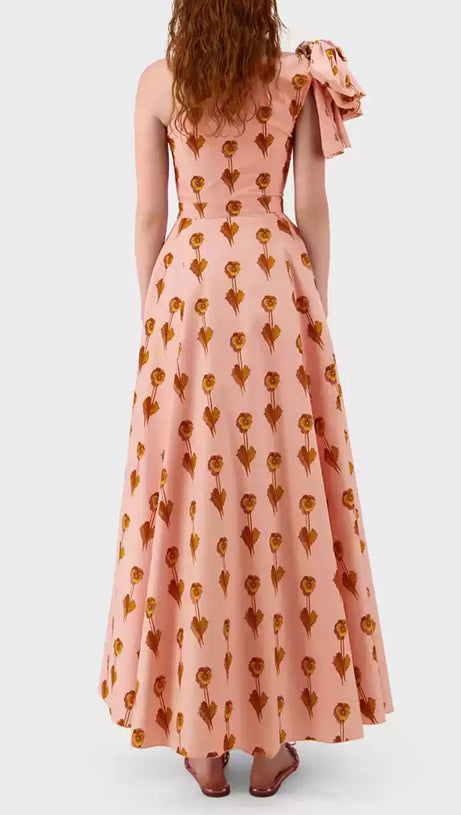 PINK ONE - SHOULDER FLORAL PRINT MIDI DRESS WITH BOW DETAIL