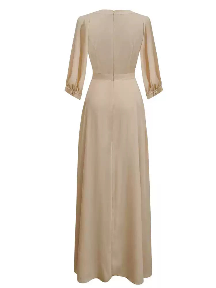 AIIZIE BEIGE V - NECK PUFF SLEEVE MAXI DRESS WITH WAISTBAND - product image