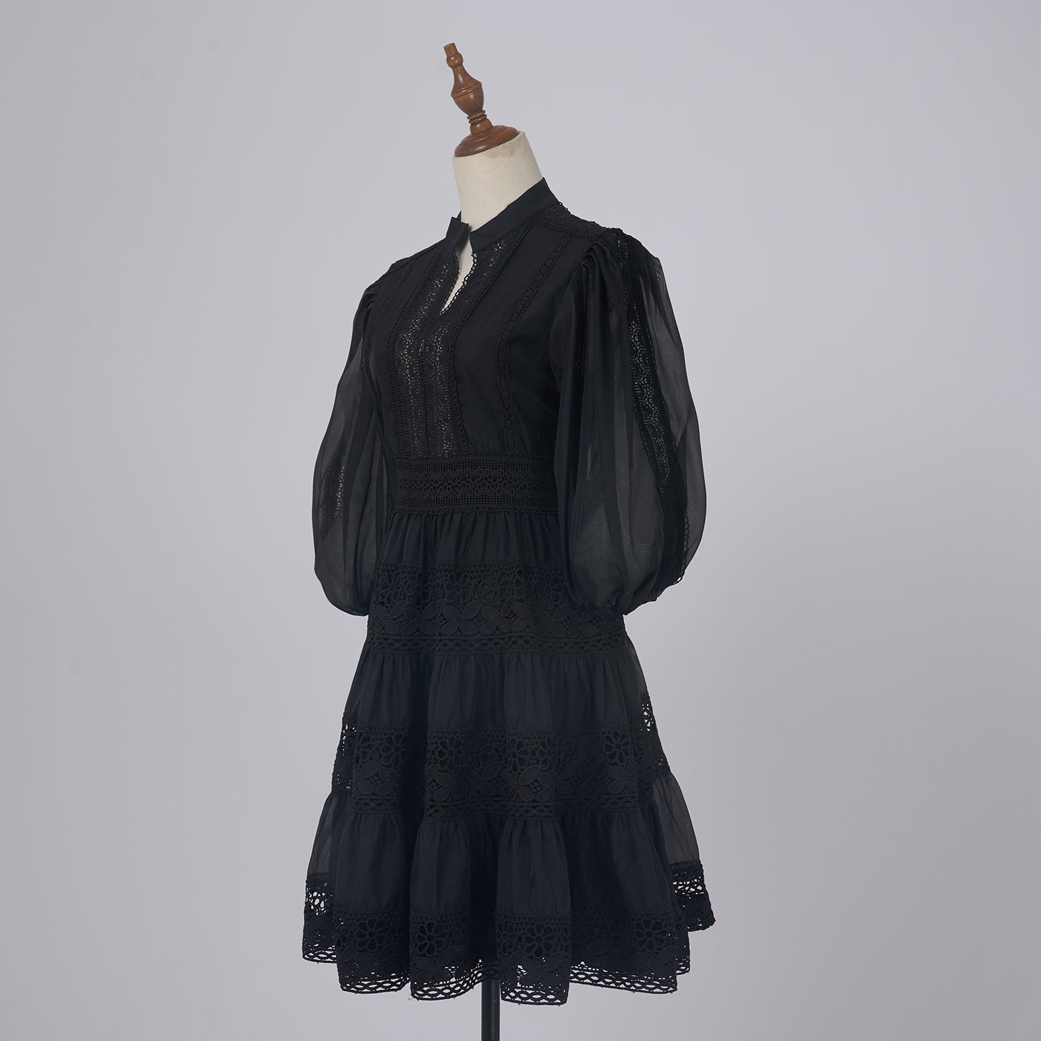 Black Lace - Trimmed Tiered Fall Dress