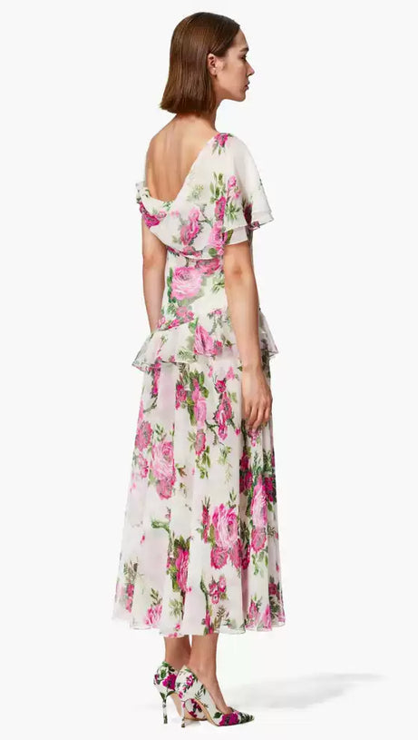 ASYMMETRIC RUFFLE FLORAL CHIFFON HOCOMAXI DRESS