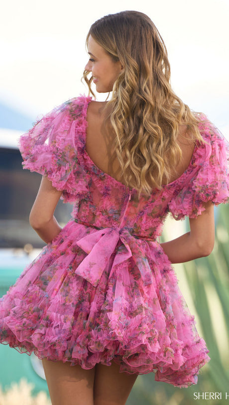 TULLE FLORAL PRINT BALLOON SLEEVE MINI DRESS IN PINK