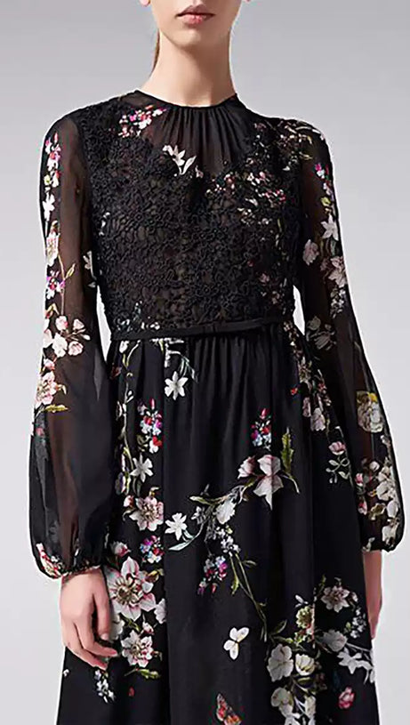 BLACK ELEGANT FLORAL LONG DRESS WITH SHEER SLEEVES AND LACE DETAIL