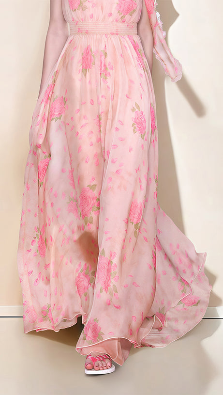 PINK FLORAL CHIFFON MAXI DRESS WITH BOW NECKLINE