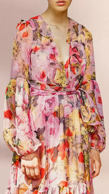 COLORFUL FLORAL LONG SLEEVE MAXI DRESS WITH BELT