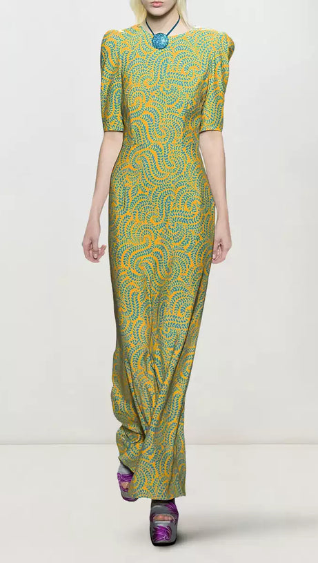 ABITO LUNGO A MANICHE CORTE STAMPATO IN RASO VERDE 