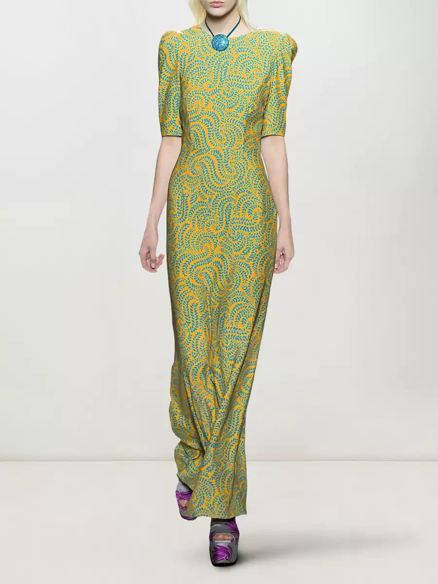 GREEN SATIN PRINTED SHORT - SLEEVE MAXI DRESS