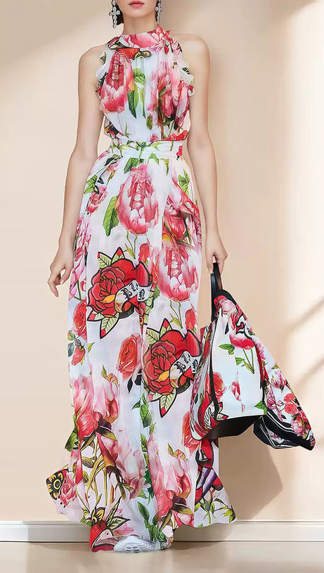 RED WATERCOLOR FLORAL CHIFFON SLEEVELESS HOCO MAXI DRESS