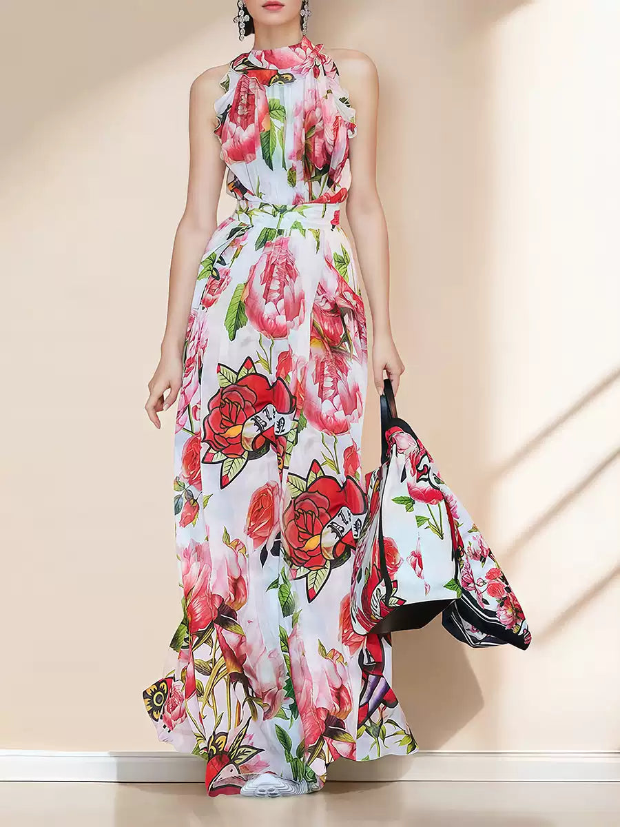 Rotes, ärmelloses Hoco-Maxikleid aus Chiffon mit Aquarellblumen