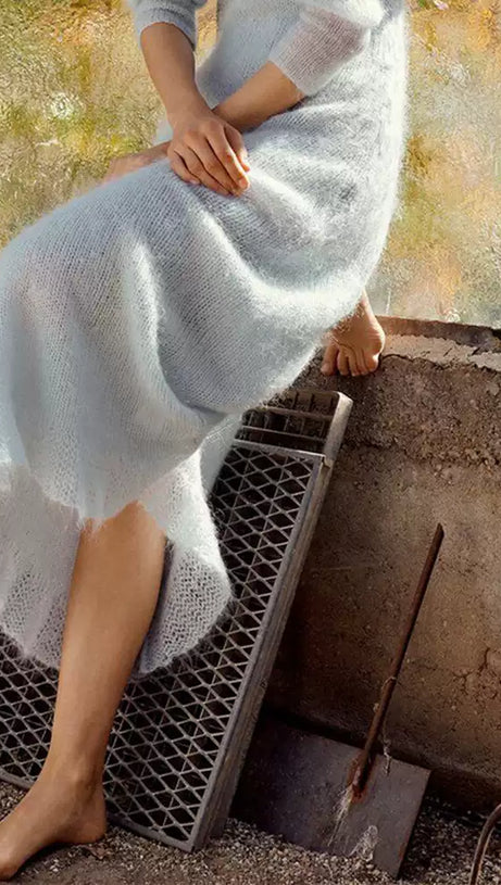 ELEGANT LIGHT BLUE KNIT MAXI DRESS WITH SHEER SLEEVES