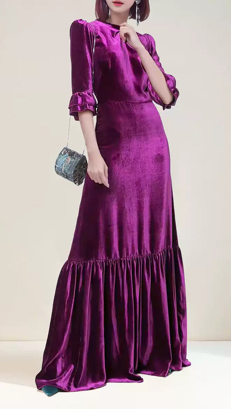 PURPLE VELVET RUFFLE TRIM MAXI DRESS WITH HALF - SLEEVES