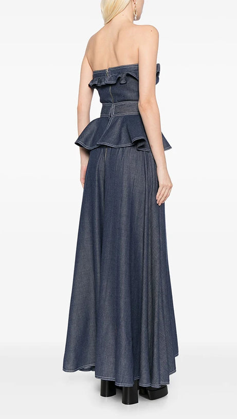 SIGRID DENIM-JUMPSUIT MIT SCHÖSSCHENTAILLE IN MARINEBLAU