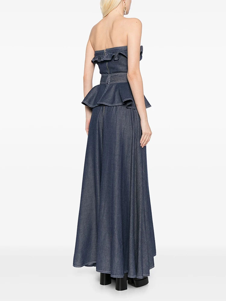 SIGRID PEPLUM-WAIST DENIM JUMPSUIT IN NAVY BLUE