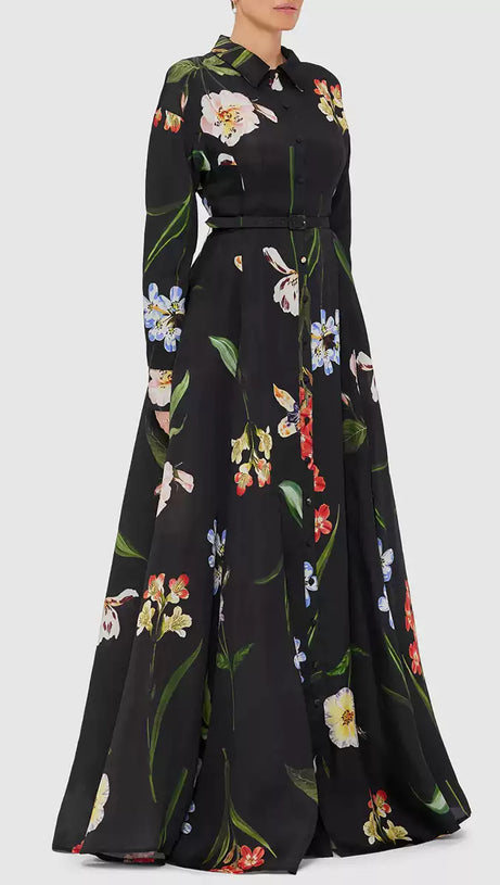 BLACK PRINTED SINGLE - BREASTED SHIRT MAXI DRESS