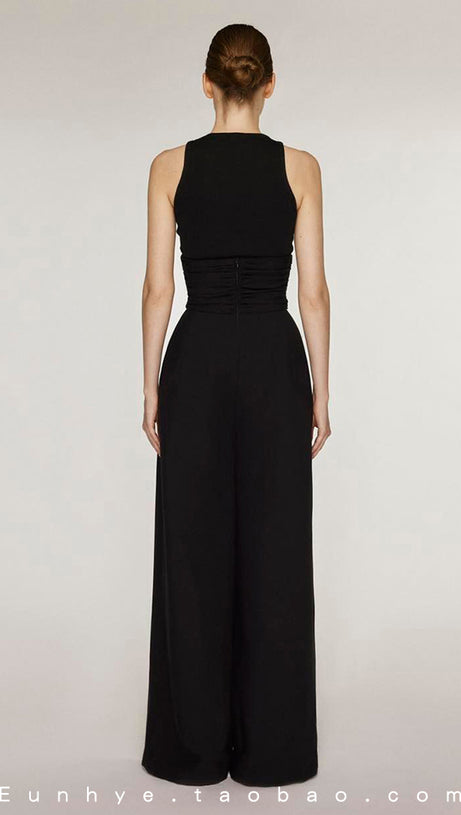 Ärmelloses Stretch-Tanktop-Set mit Bundfaltenhose in Schwarz