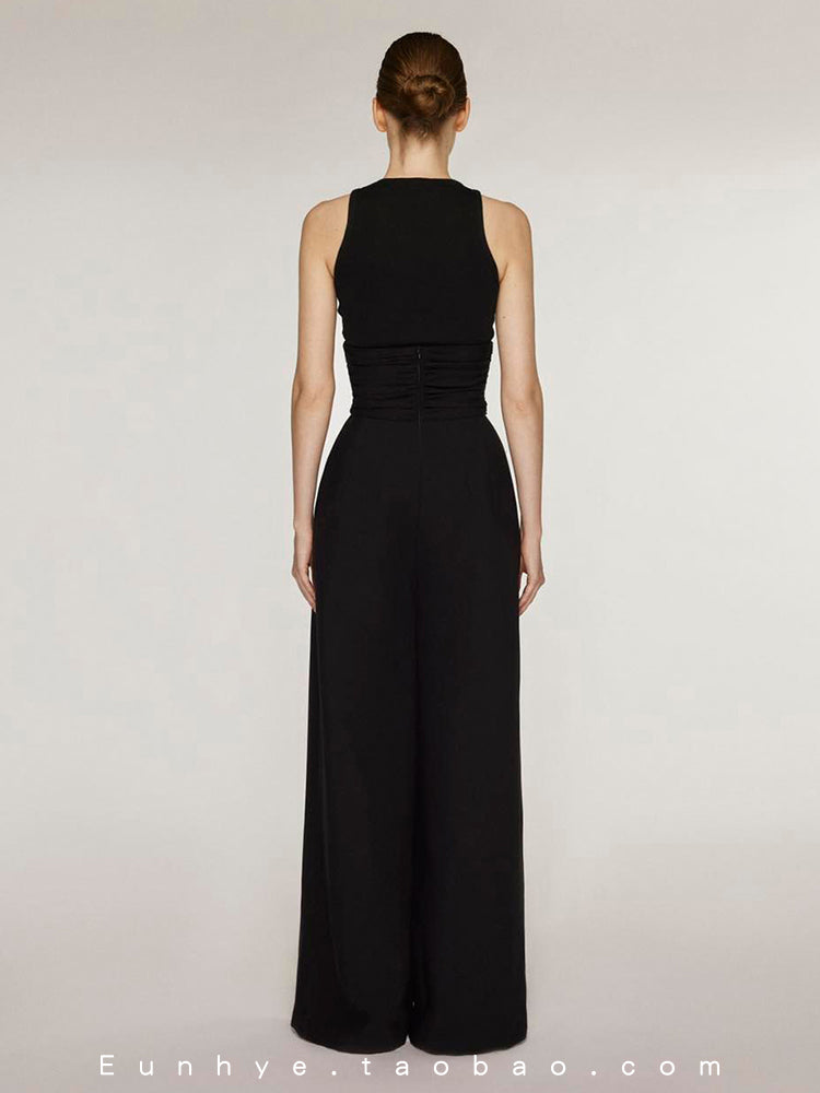 AIIZIE STRETCH SLEEVELESS TANK TOP PLEATED PANTS SET IN BLACK - product image