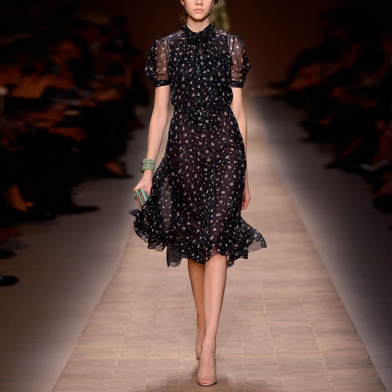 BLACK FLORAL PRINT DRESS WITH HIGH NECK AND BELT