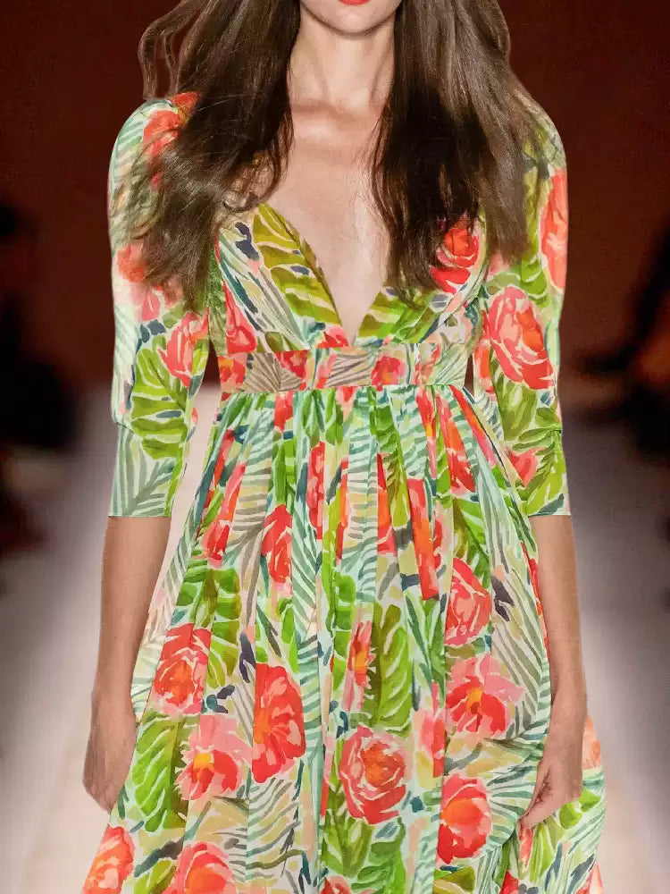 AIIZIE FLORAL PRINT V - NECK CHIFFON MAXI DRESS WITH BELT - product image