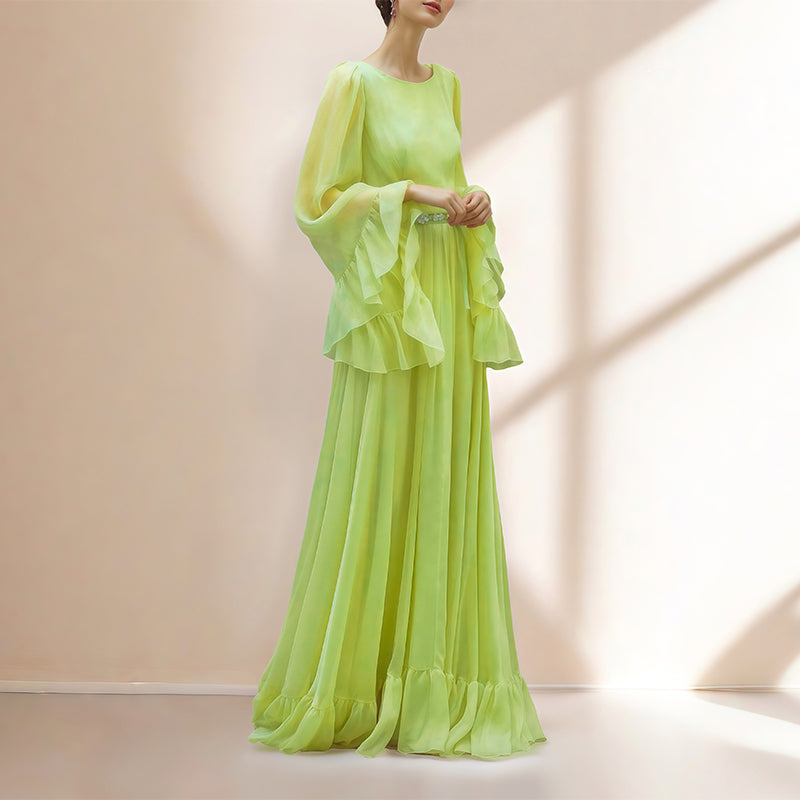 ELEGANT LIME GREEN CHIFFON GOWN WITH RUFFLED SLEEVES