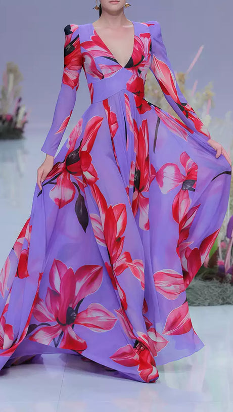 PURPLE FLORAL MAXI DRESS WITH LONG SLEEVES AND V NECK