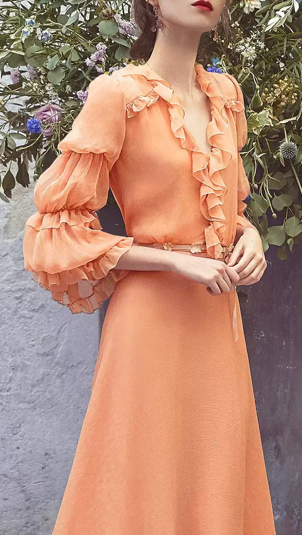 AIIZIE PEACH RUFFLED MAXI DRESS WITH V - NECK AND SHEER SLEEVES - product image